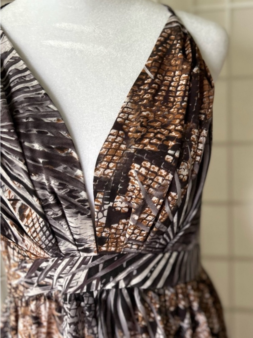 Printed V-Neck Halter Maxi Dress in Brown, Cream and Black
